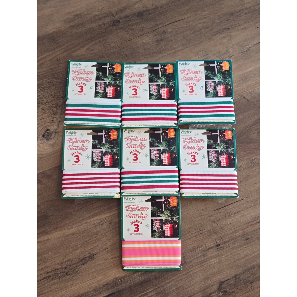 Lot of 7 Vintage Wrights Ribbon Candy Ornament Kits Red Green Pink Striped DIY